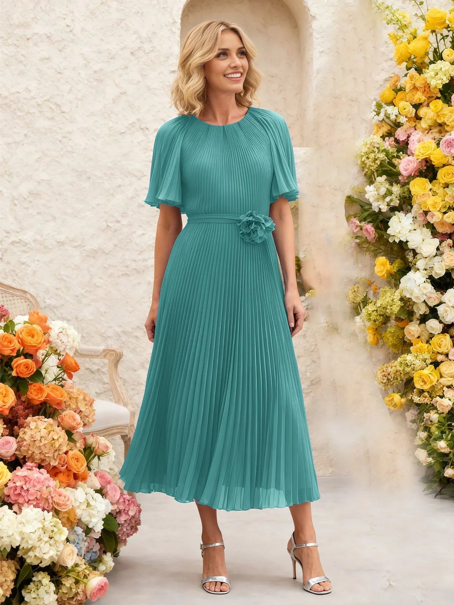 Elegant A-Line Round-Neck Flutter-Sleeve Pleated Chiffon Midi Mother of the Bride Dress with Floral Waist Detail
