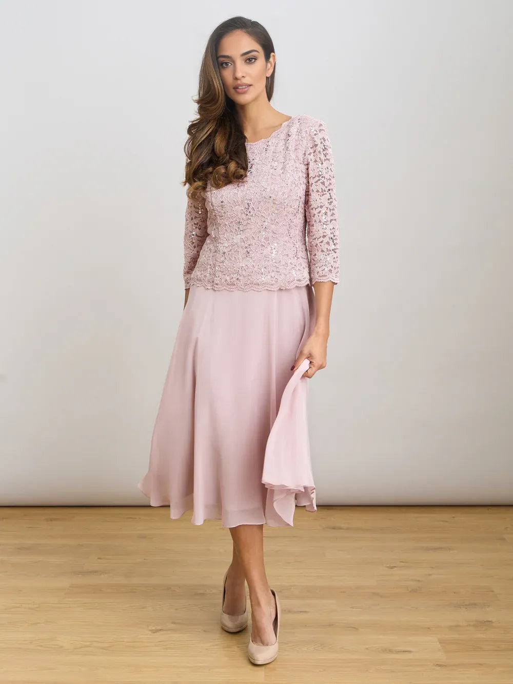 Elegant A-Line Round Neck Sequin Lace Midi Length Mother of the Bride Dress