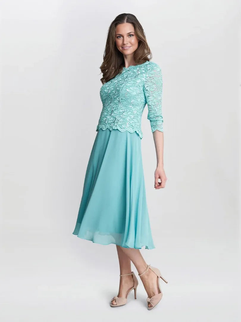 Elegant A-Line Round Neck Sequin Lace Midi Length Mother of the Bride Dress