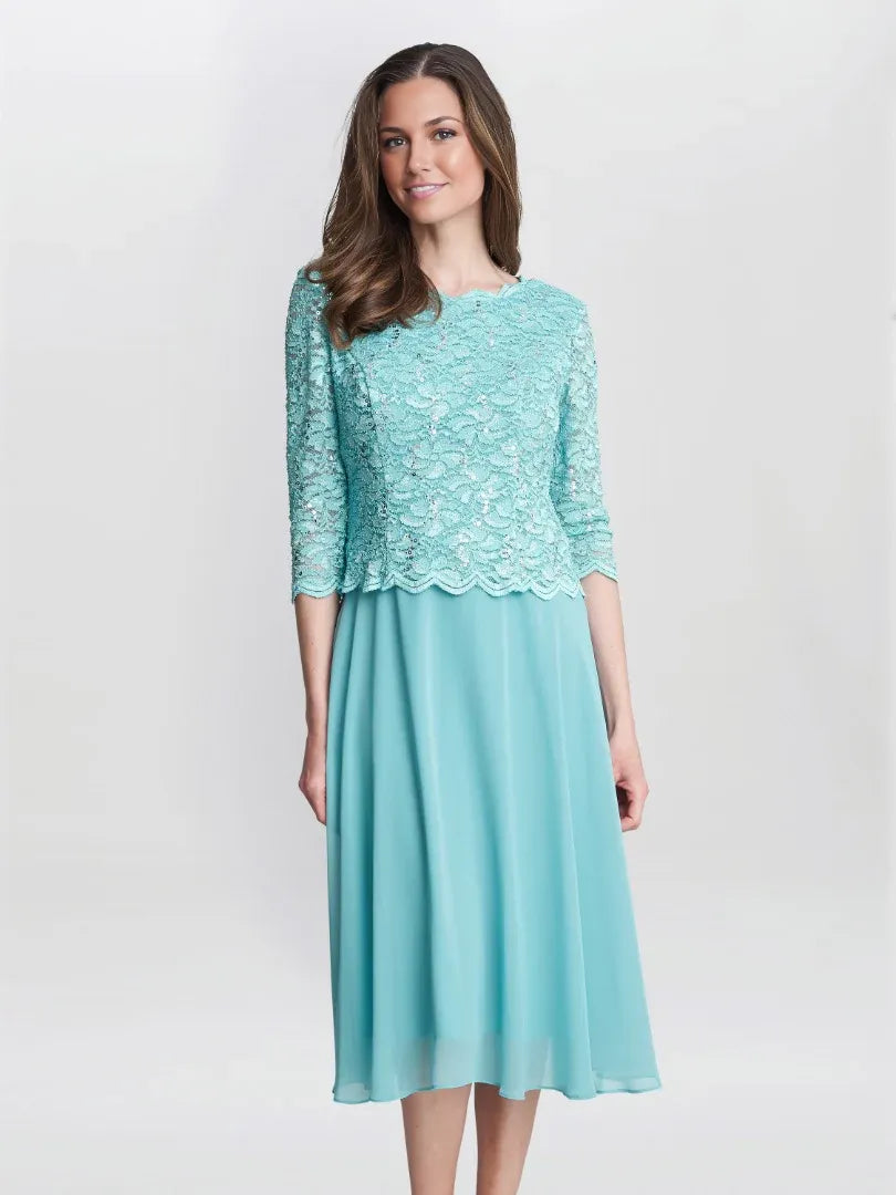Elegant A-Line Round Neck Sequin Lace Midi Length Mother of the Bride Dress