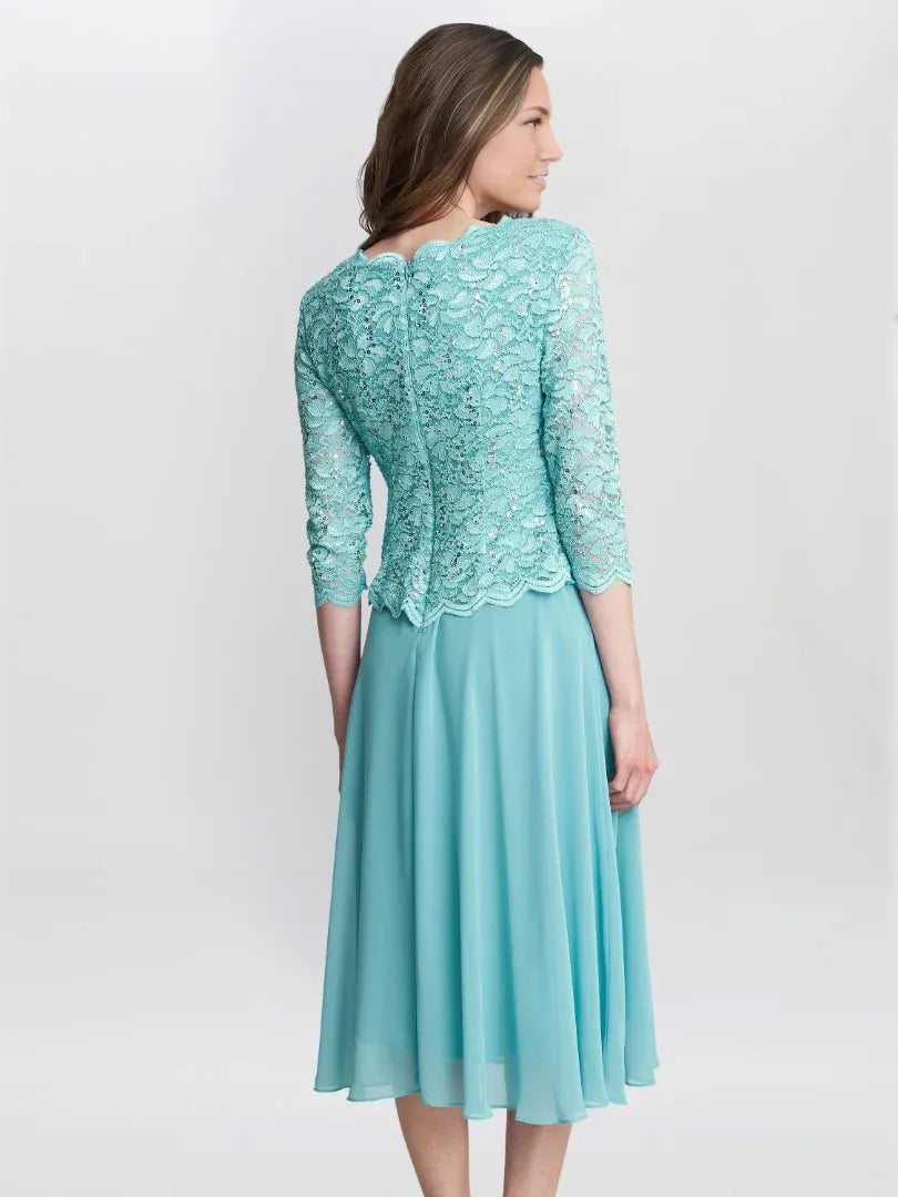 Elegant A-Line Round Neck Sequin Lace Midi Length Mother of the Bride Dress