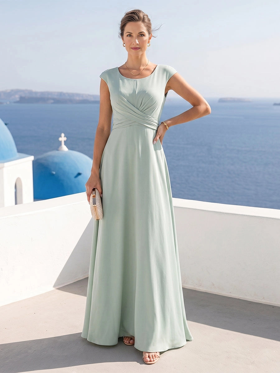 Sage green cap sleeve mother of the bride dress,cross ruched waist floor‑length gown vedress