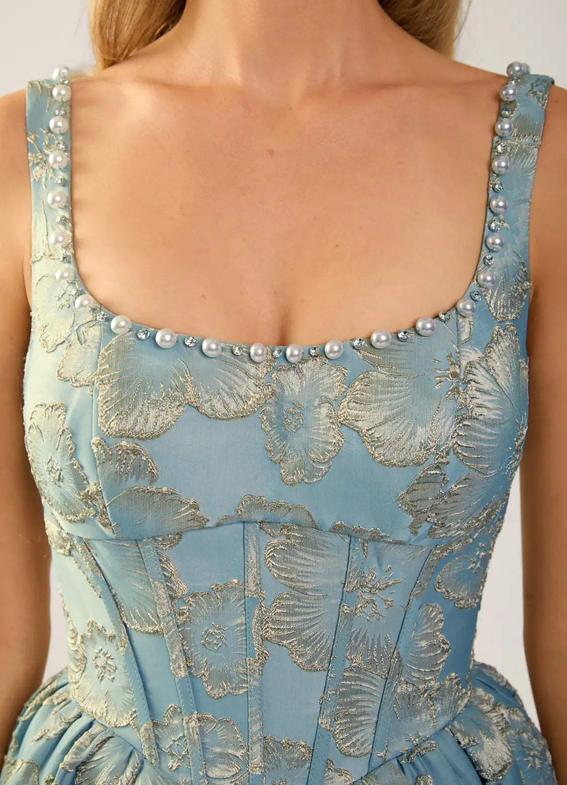 Elegant A-line Scoop Neck Sleeveless Jacquard Floor-length Pearl Slit Corset Evening Dress