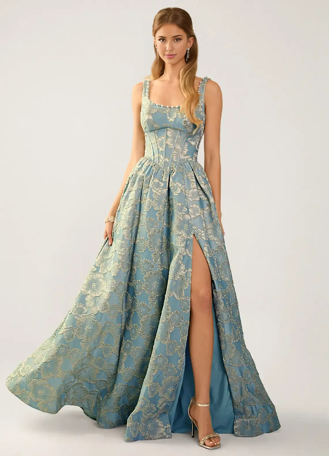 Elegant A-line Scoop Neck Sleeveless Jacquard Floor-length Pearl Slit Corset Evening Dress