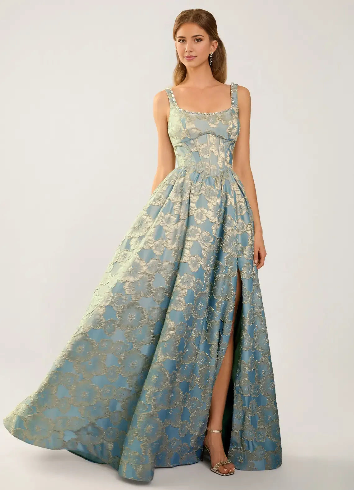 Elegant A-line Scoop Neck Sleeveless Jacquard Floor-length Pearl Slit Corset Evening Dress
