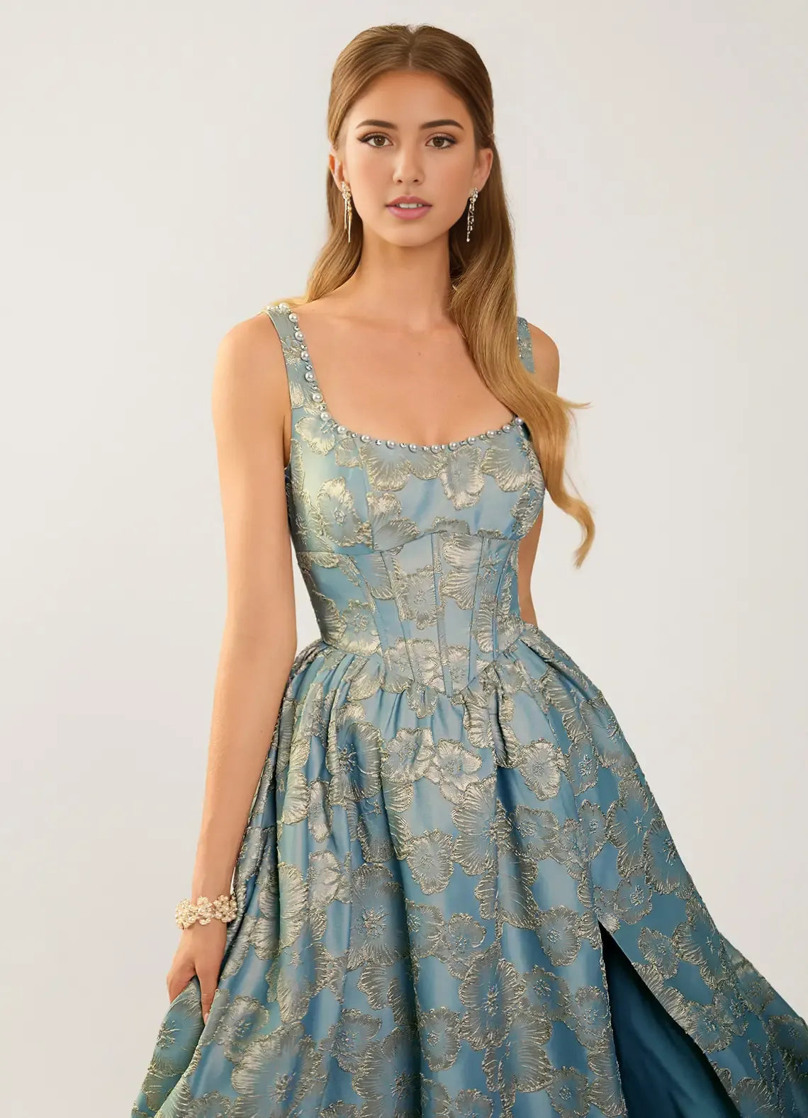 Elegant A-line Scoop Neck Sleeveless Jacquard Floor-length Pearl Slit Corset Evening Dress