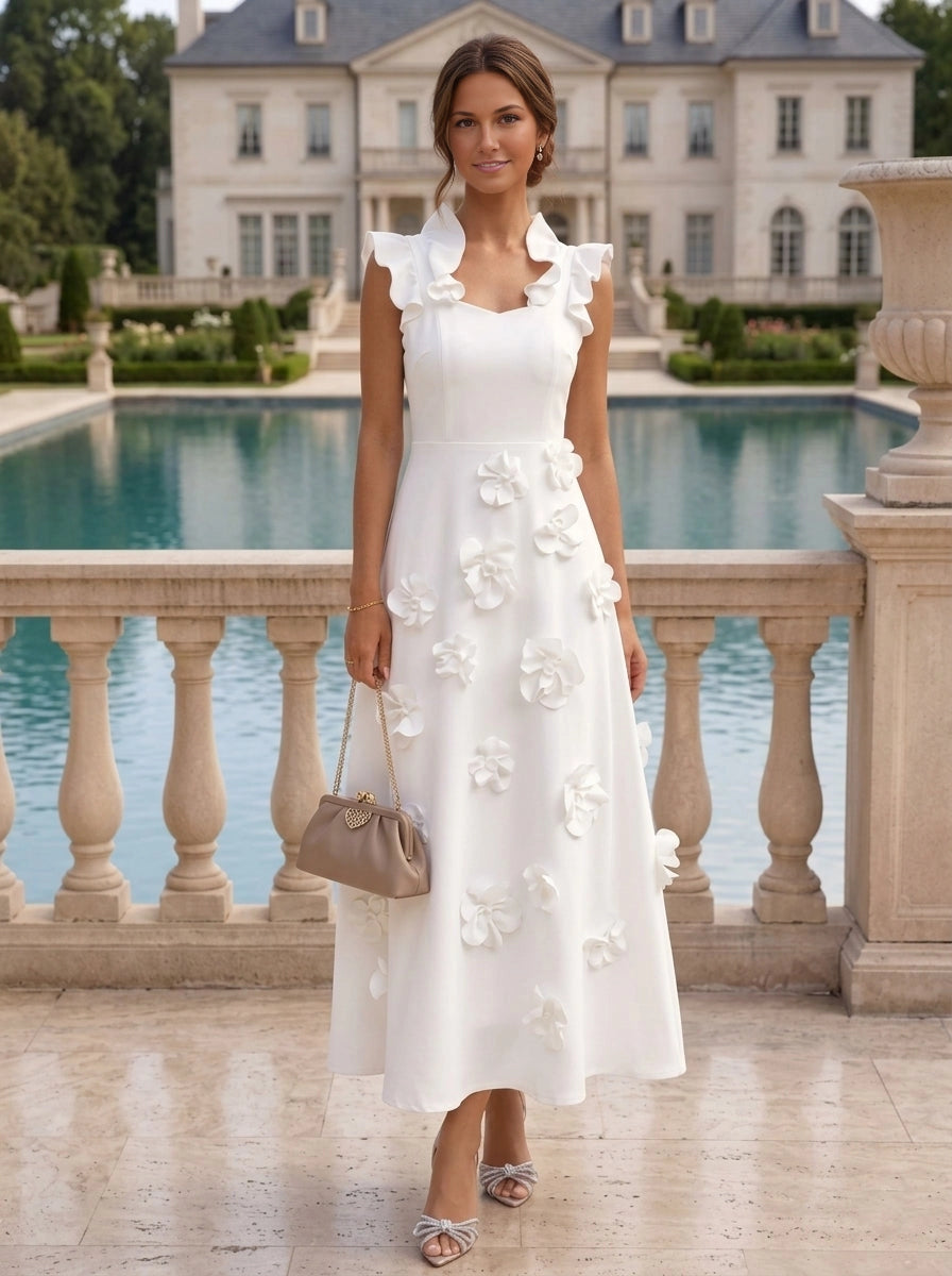 Vedress white midi mother of the bride dress,square neck,ruffle sleeveless straps,3D floral appliques