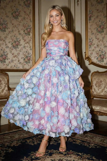 Elegant A-Line Strapless Tulle Midi 3D Floral Cocktail Party Dress