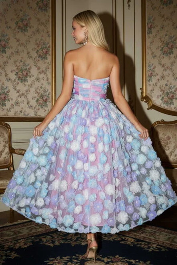Elegant A-Line Strapless Tulle Midi 3D Floral Cocktail Party Dress
