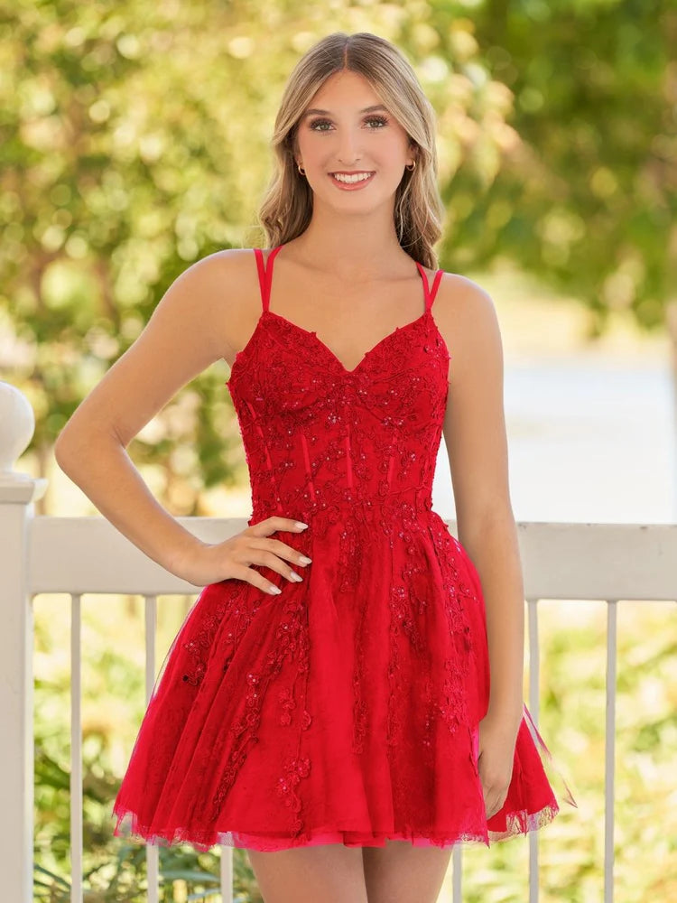 Elegant A-Line Sweetheart Neck Lace Tulle Short Lace-Up Homecoming Dress