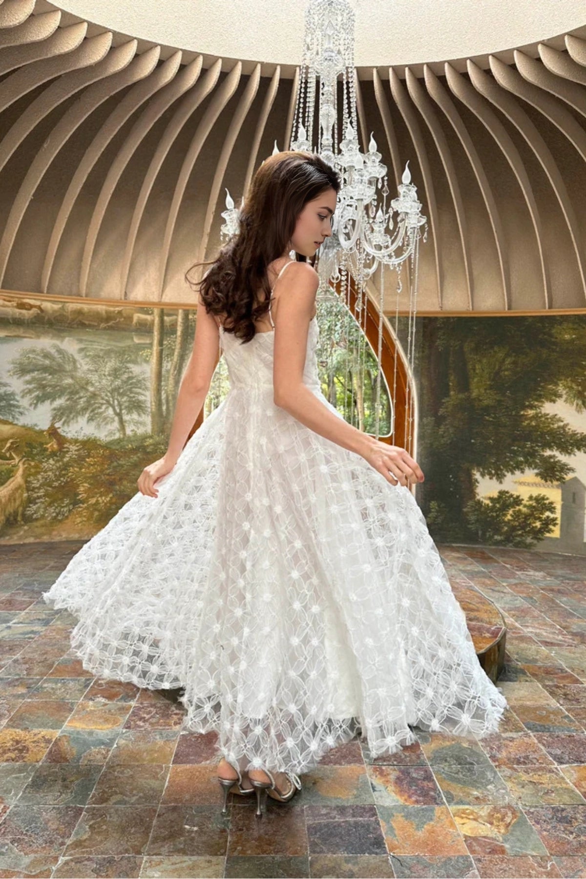 Back view of Vedress floral lace open‑back midi bridal gown spaghetti strap wedding dress