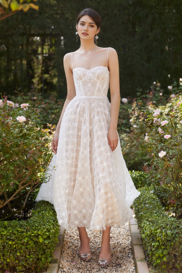 Vedress elegant a line lace midi wedding dress with spaghetti straps sweetheart neckline for outdoor garden wedding