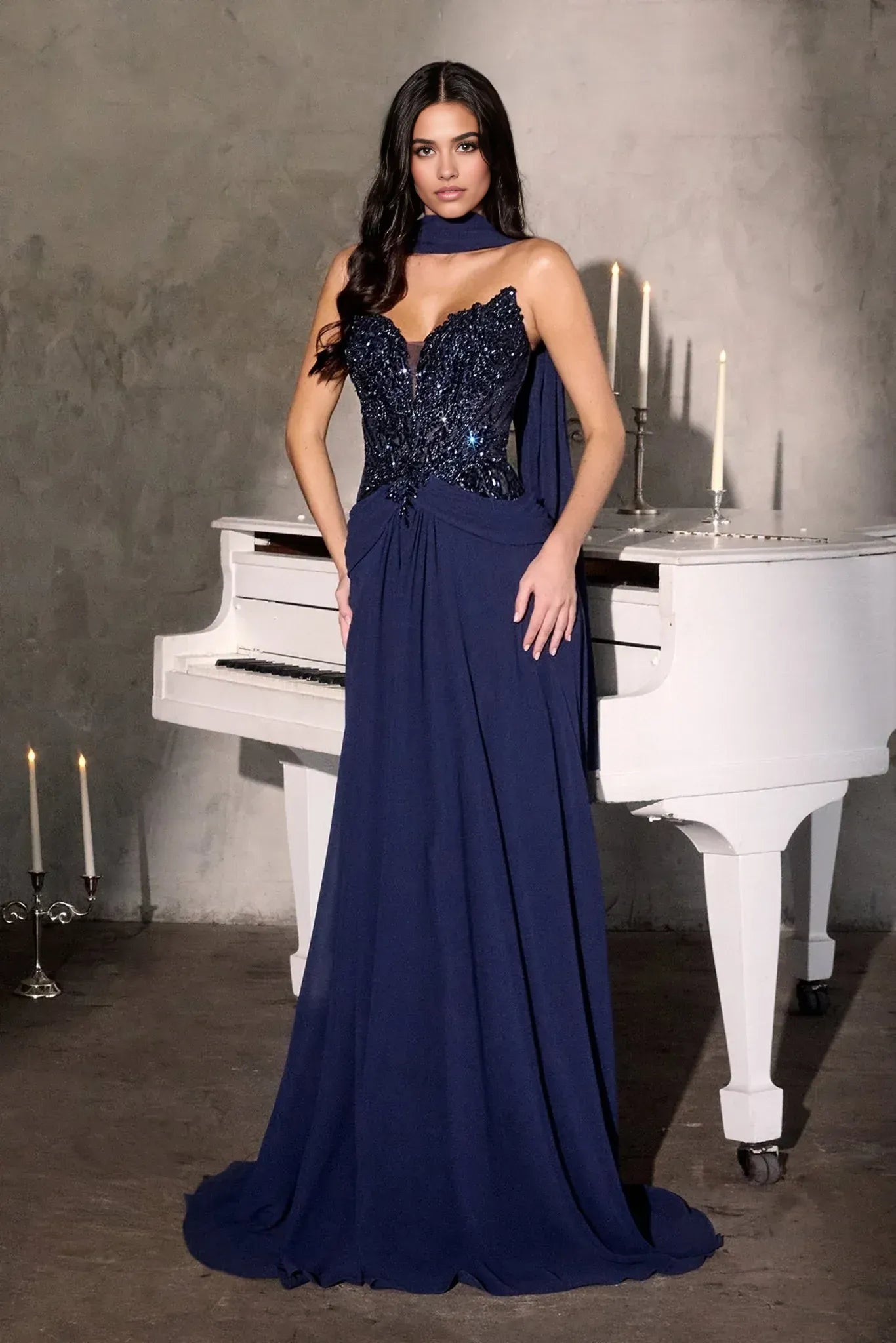Elegant A-Line Plunge Neck Strapless Chiffon Floor-Length Beaded Scarf-Drape Mother-of-the-Bride Gown