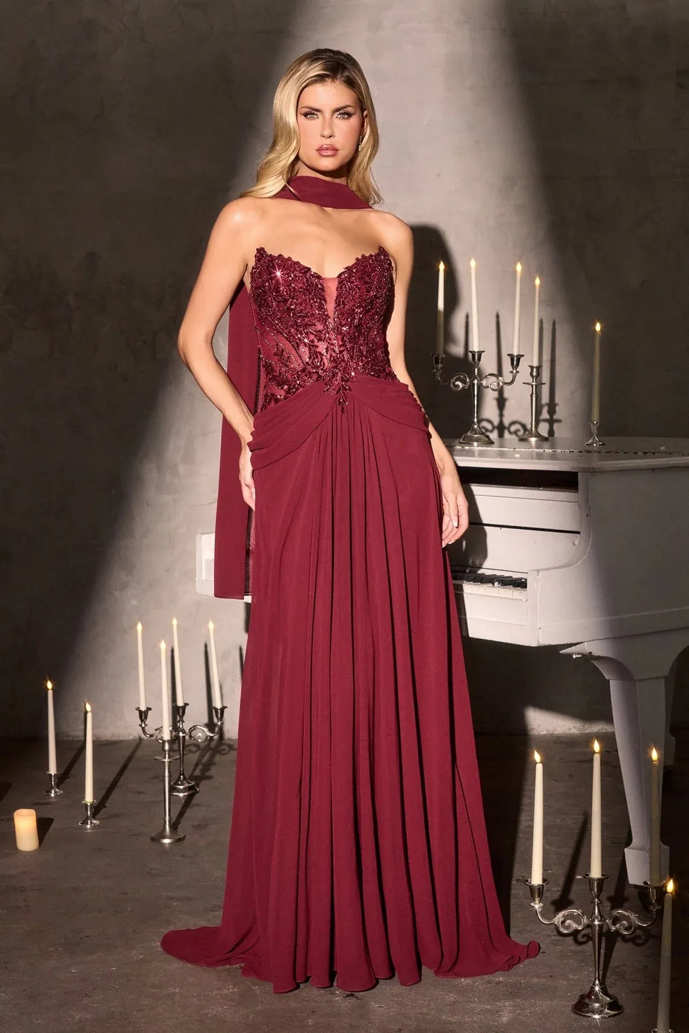 Elegant A-Line Plunge Neck Strapless Chiffon Floor-Length Beaded Scarf-Drape Mother-of-the-Bride Gown
