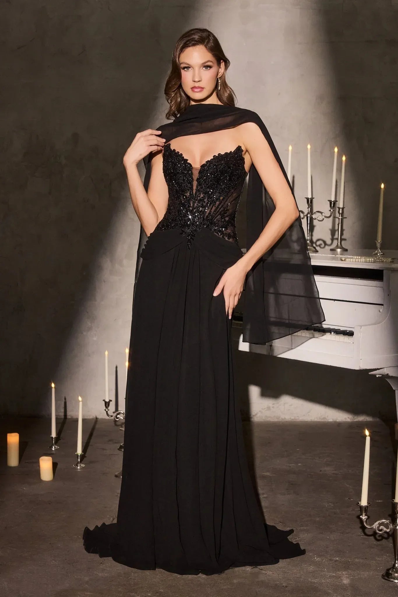 Elegant A-Line Plunge Neck Strapless Chiffon Floor-Length Beaded Scarf-Drape Mother-of-the-Bride Gown