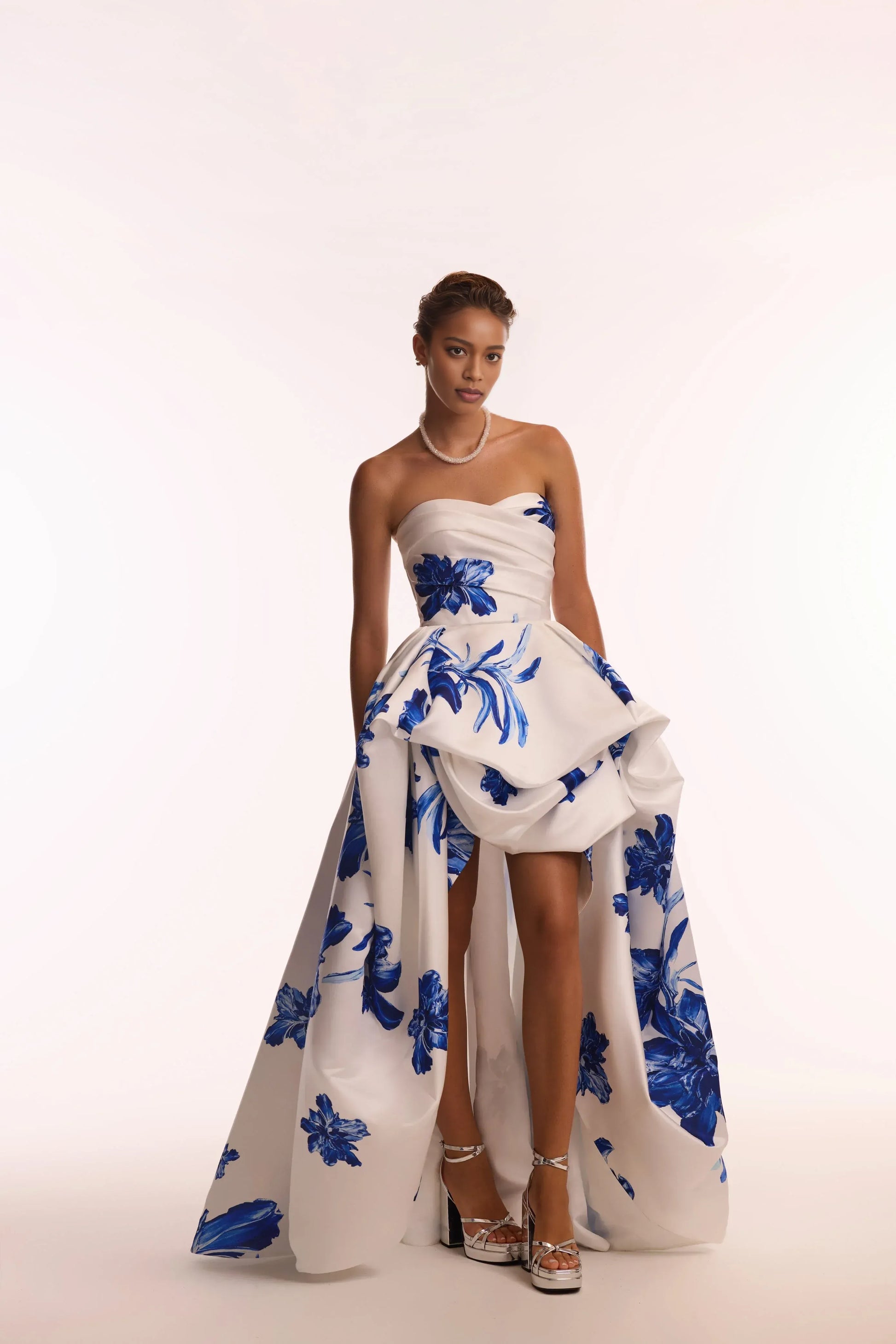 Elegant A-Line Sweetheart Strapless Satin Floral Ruched High Slit Evening Dress