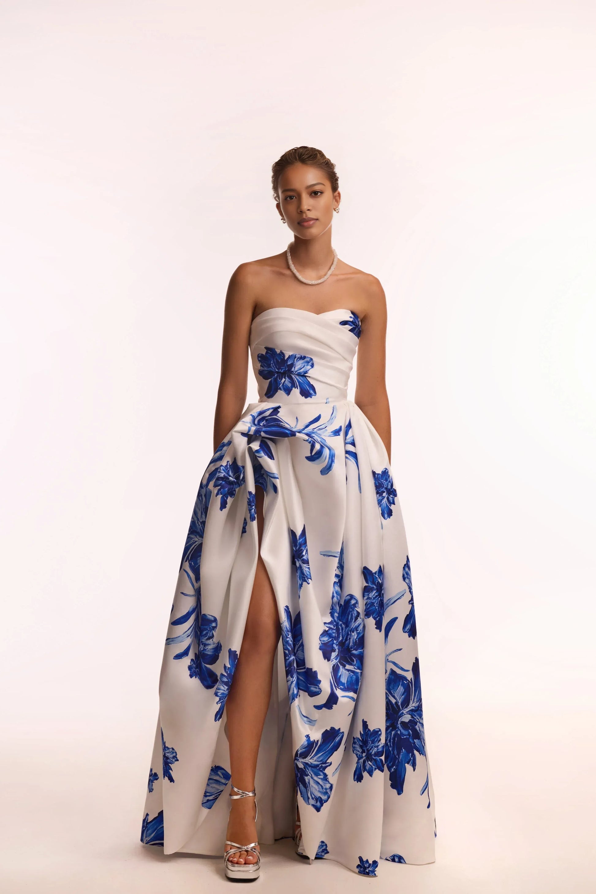 Elegant A-Line Sweetheart Strapless Satin Floral Ruched High Slit Evening Dress