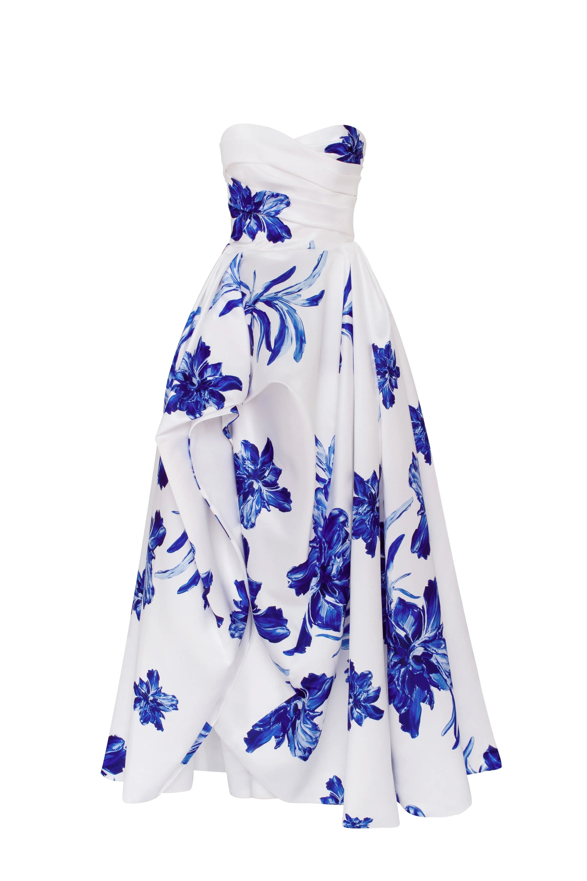 Elegant A-Line Sweetheart Strapless Satin Floral Ruched High Slit Evening Dress