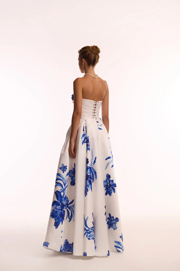 Elegant A-Line Sweetheart Strapless Satin Floral Ruched High Slit Evening Dress