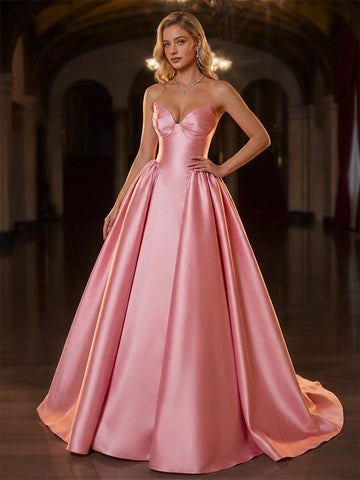 Vedress dusty pink satin prom dress,sweetheart strapless neck,voluminous a‑line skirt,sweep train long formal gown
