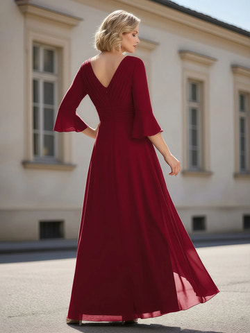 Elegant A-Line V-Neck Bell-Sleeve Chiffon Floor-Length Pleated Mother of the Bride Dress
