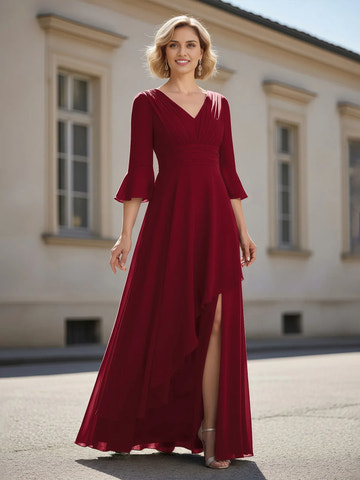 Elegant A-Line V-Neck Bell-Sleeve Chiffon Floor-Length Pleated Mother of the Bride Dress