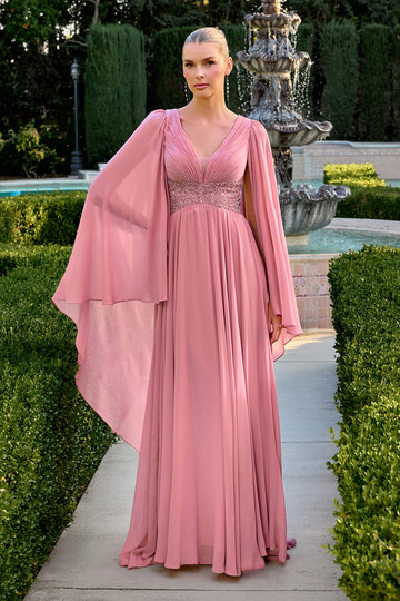 Elegant A-Line V-Neck Cape Sleeve Chiffon Floor-Length Beaded Waist Evening Gown