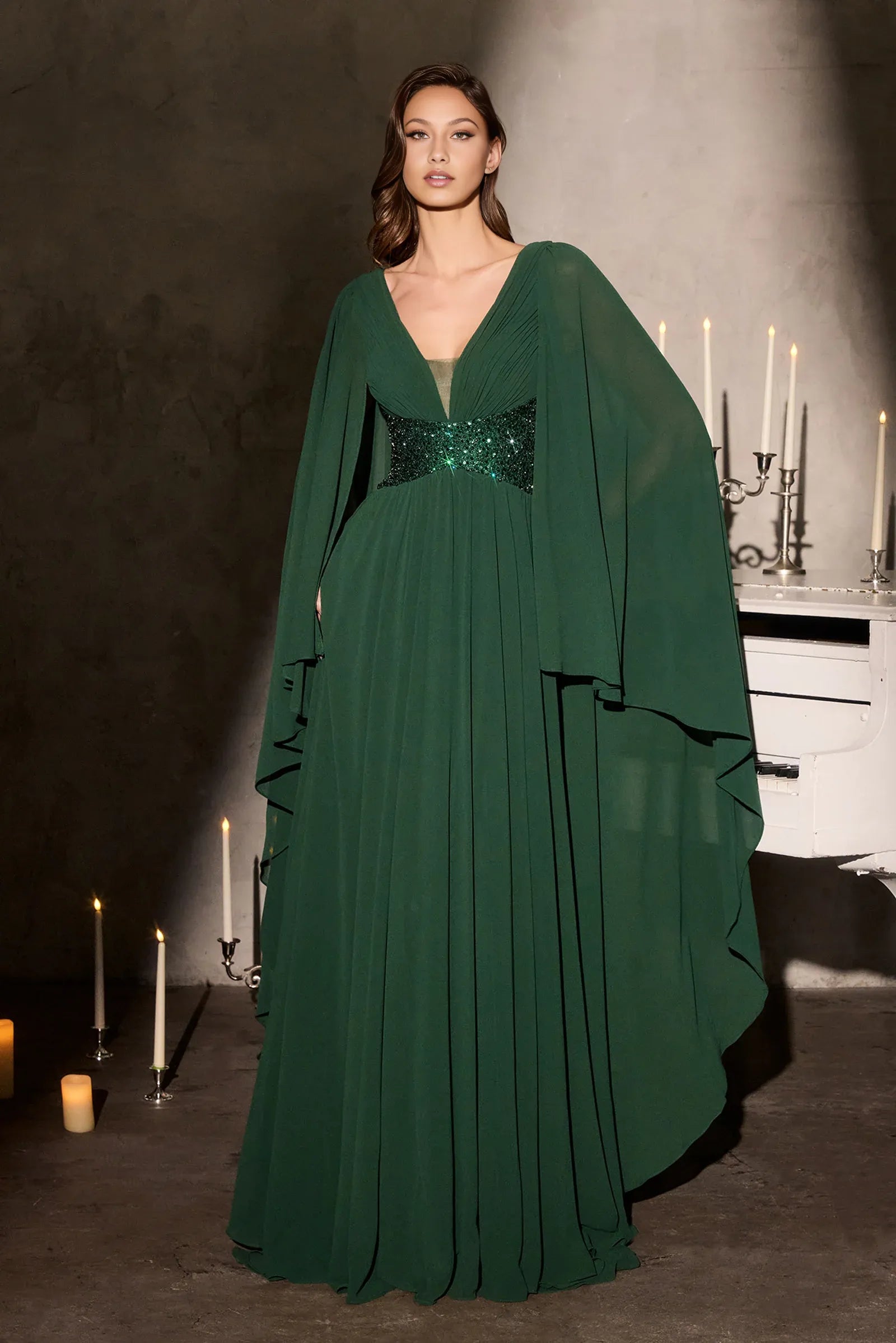 Elegant A-Line V-Neck Cape Sleeve Chiffon Floor-Length Beaded Waist Evening Gown
