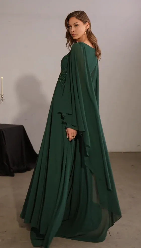 Elegant A-Line V-Neck Cape Sleeve Chiffon Floor-Length Beaded Waist Evening Gown