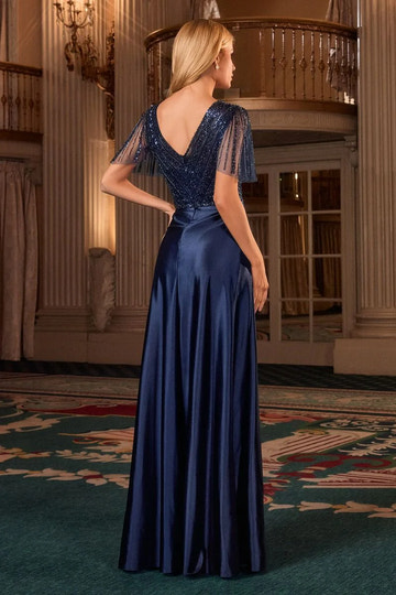 Elegant A-Line V-Neck Flutter-Sleeve Beaded Mesh Satin Mother of the Bride Dress Floor-Length Evening Gown