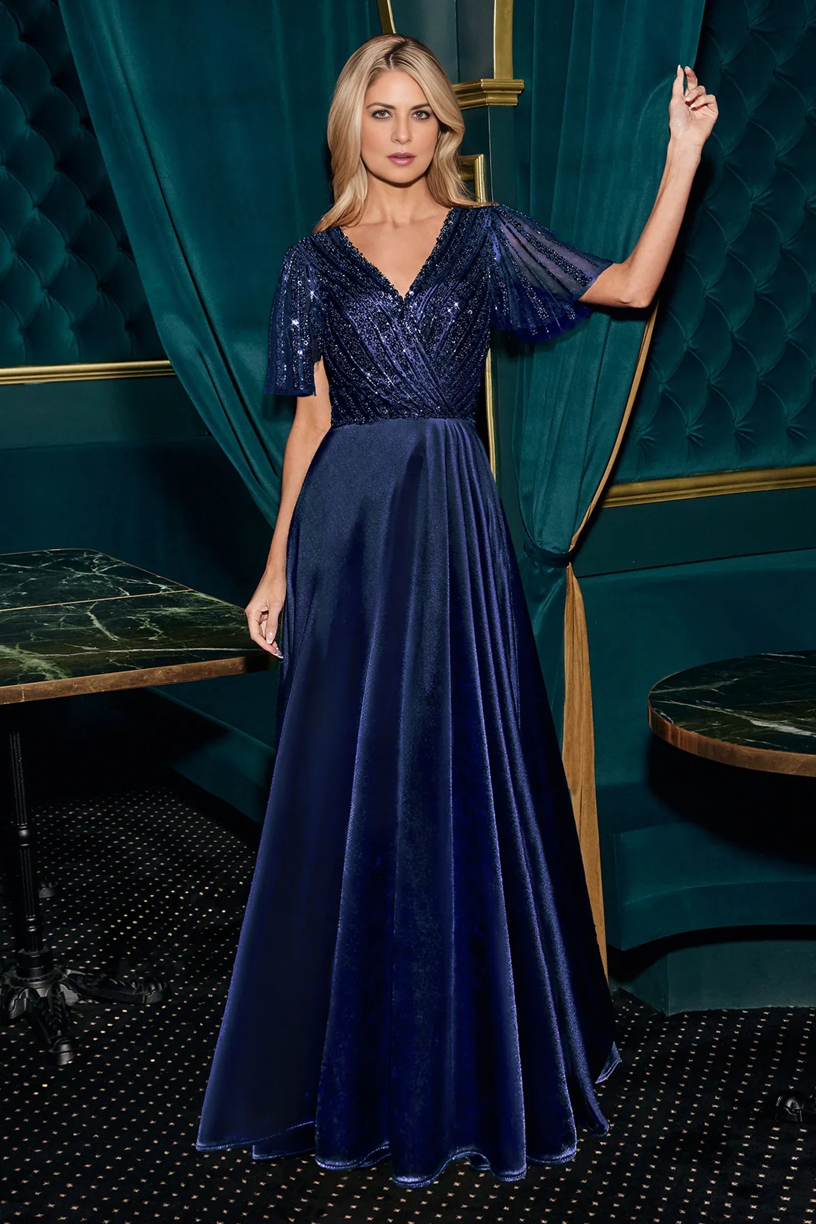 Elegant A-Line V-Neck Flutter-Sleeve Beaded Mesh Satin Mother of the Bride Dress Floor-Length Evening Gown
