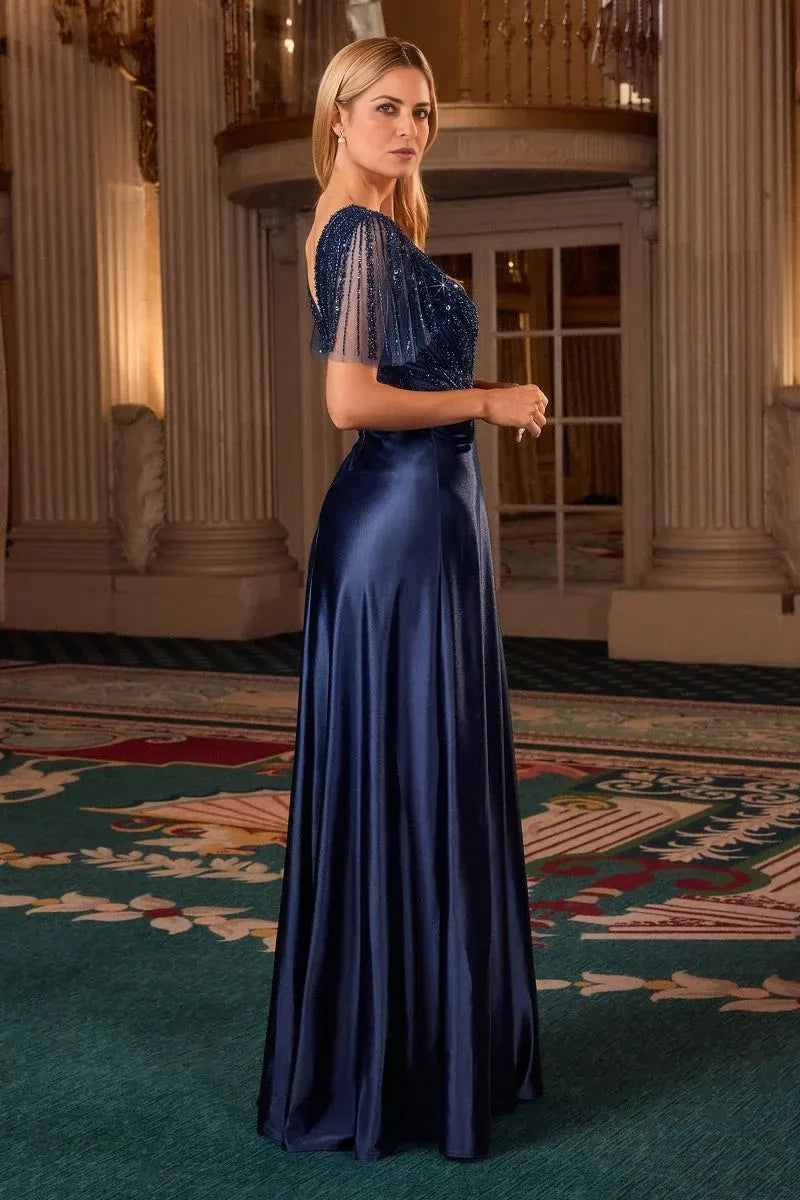 Elegant A-Line V-Neck Flutter-Sleeve Beaded Mesh Satin Mother of the Bride Dress Floor-Length Evening Gown