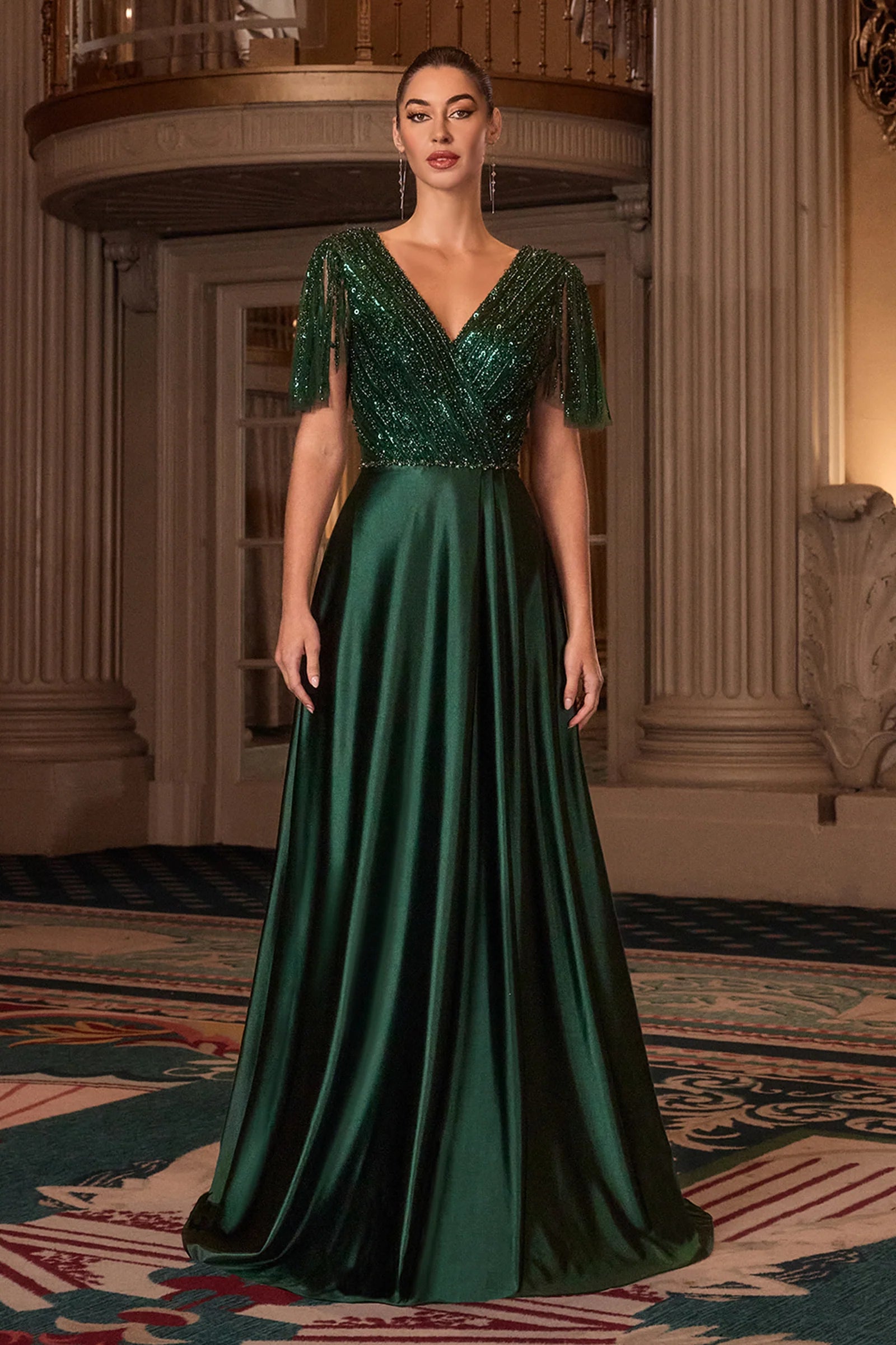 Elegant A-Line V-Neck Flutter-Sleeve Beaded Mesh Satin Mother of the Bride Dress Floor-Length Evening Gown