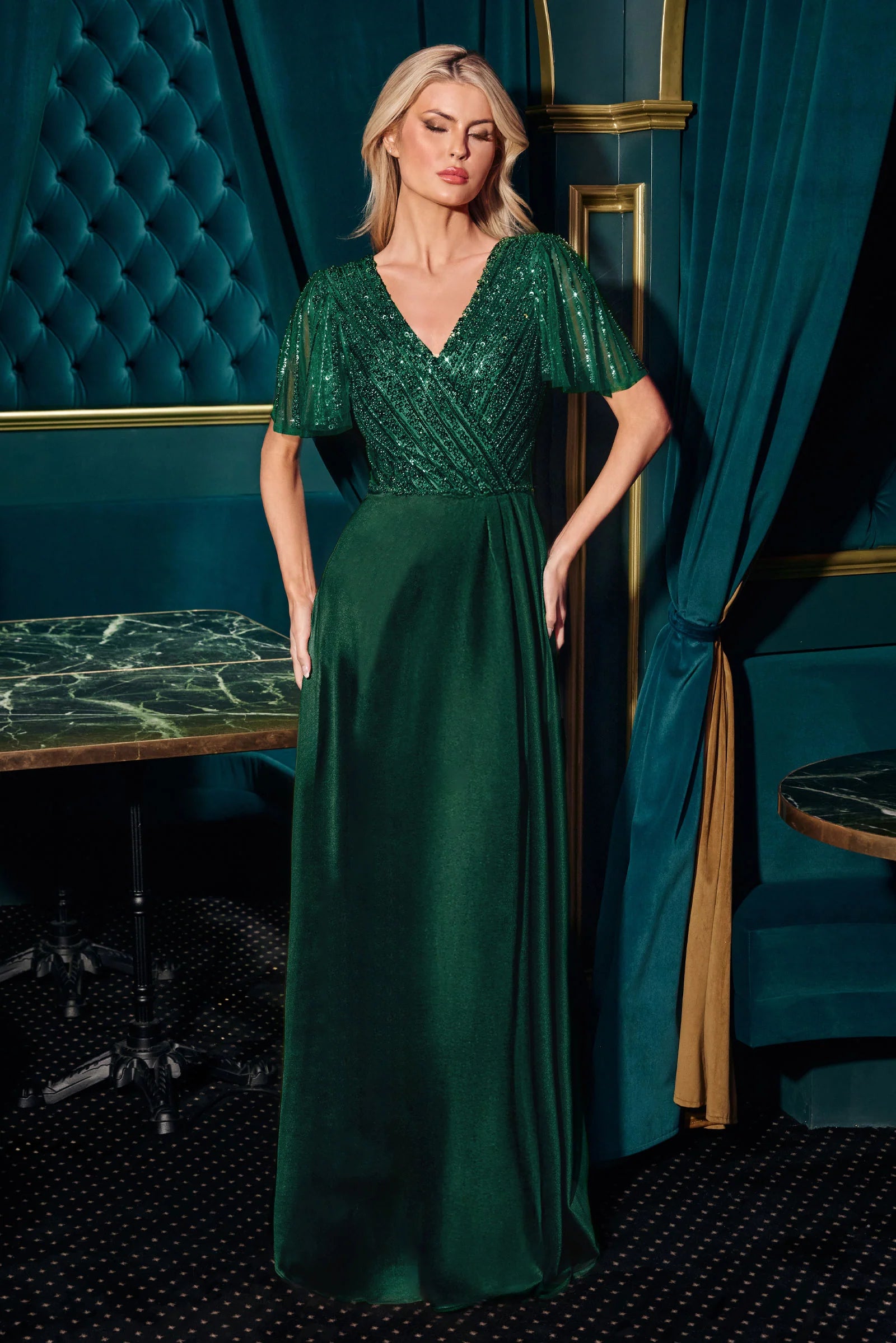 Elegant A-Line V-Neck Flutter-Sleeve Beaded Mesh Satin Mother of the Bride Dress Floor-Length Evening Gown