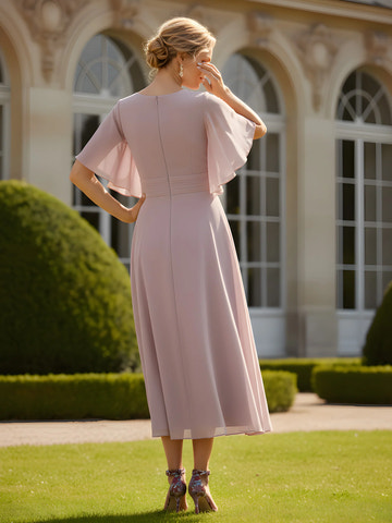 Elegant A-Line V-Neck Flutter-Sleeve Chiffon Midi Beaded-Waist Mother of the Bride Dress