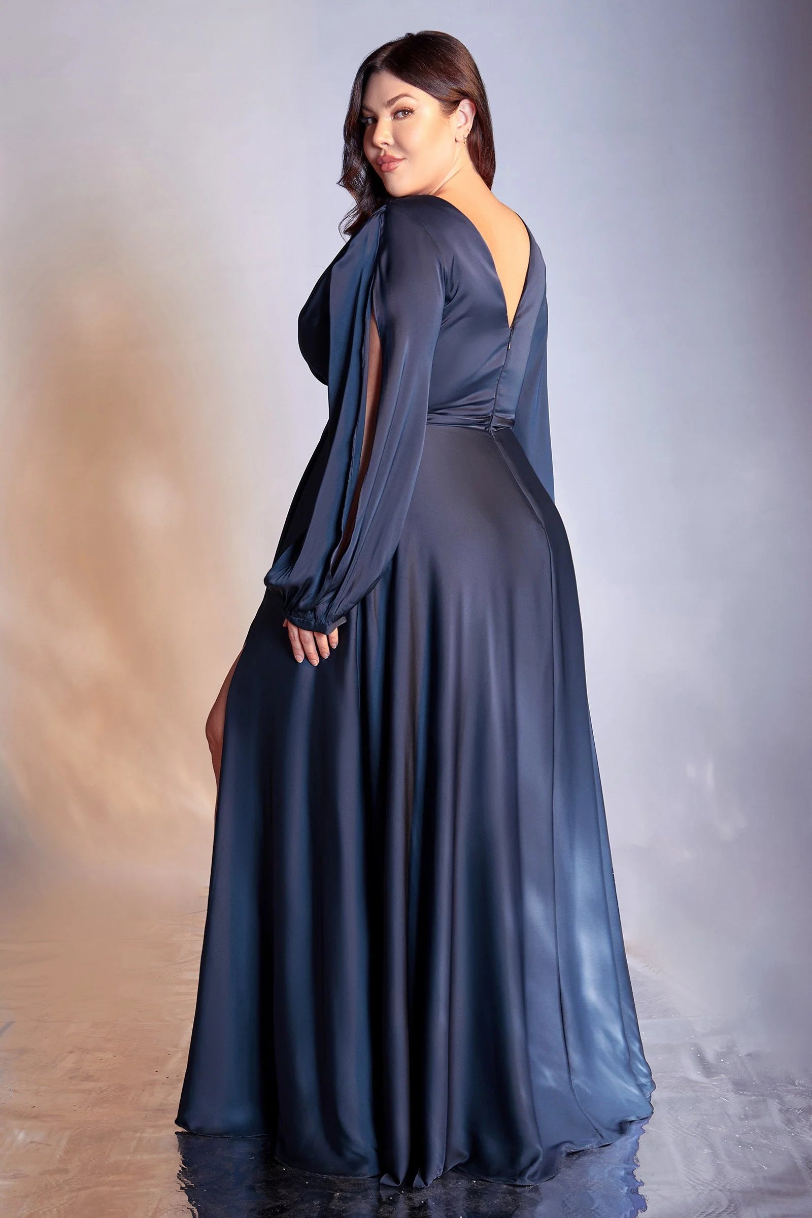 Elegant A-line V-neck Long Sleeve Satin Floor-length Slit Pleated Evening Dress