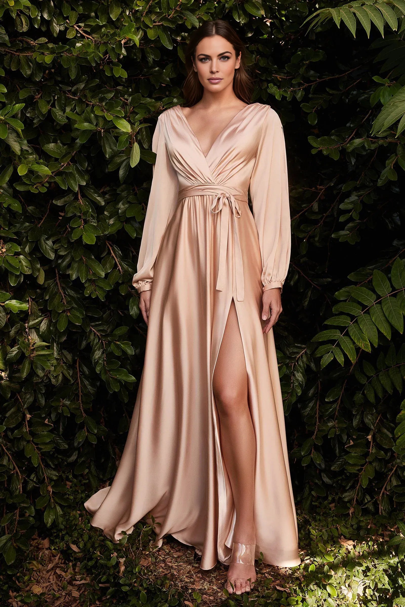 Elegant A-line V-neck Long Sleeve Satin Floor-length Slit Pleated Evening Dress