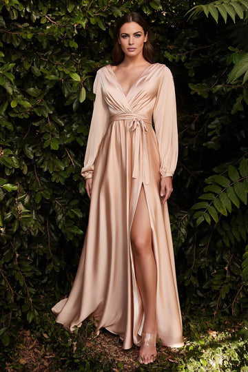 Elegant A-line V-neck Long Sleeve Satin Floor-length Slit Pleated Evening Dress