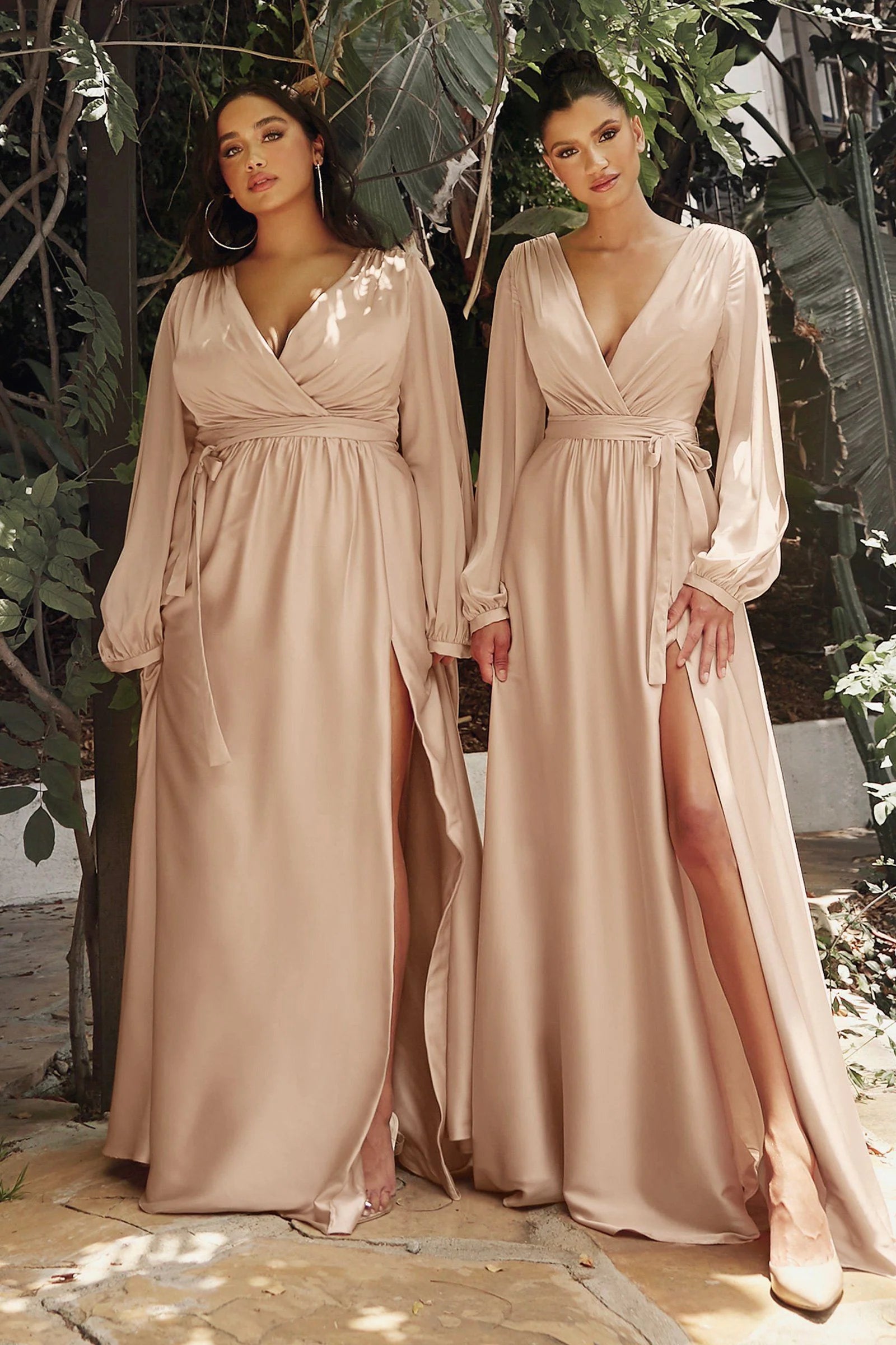 Elegant A-line V-neck Long Sleeve Satin Floor-length Slit Pleated Evening Dress