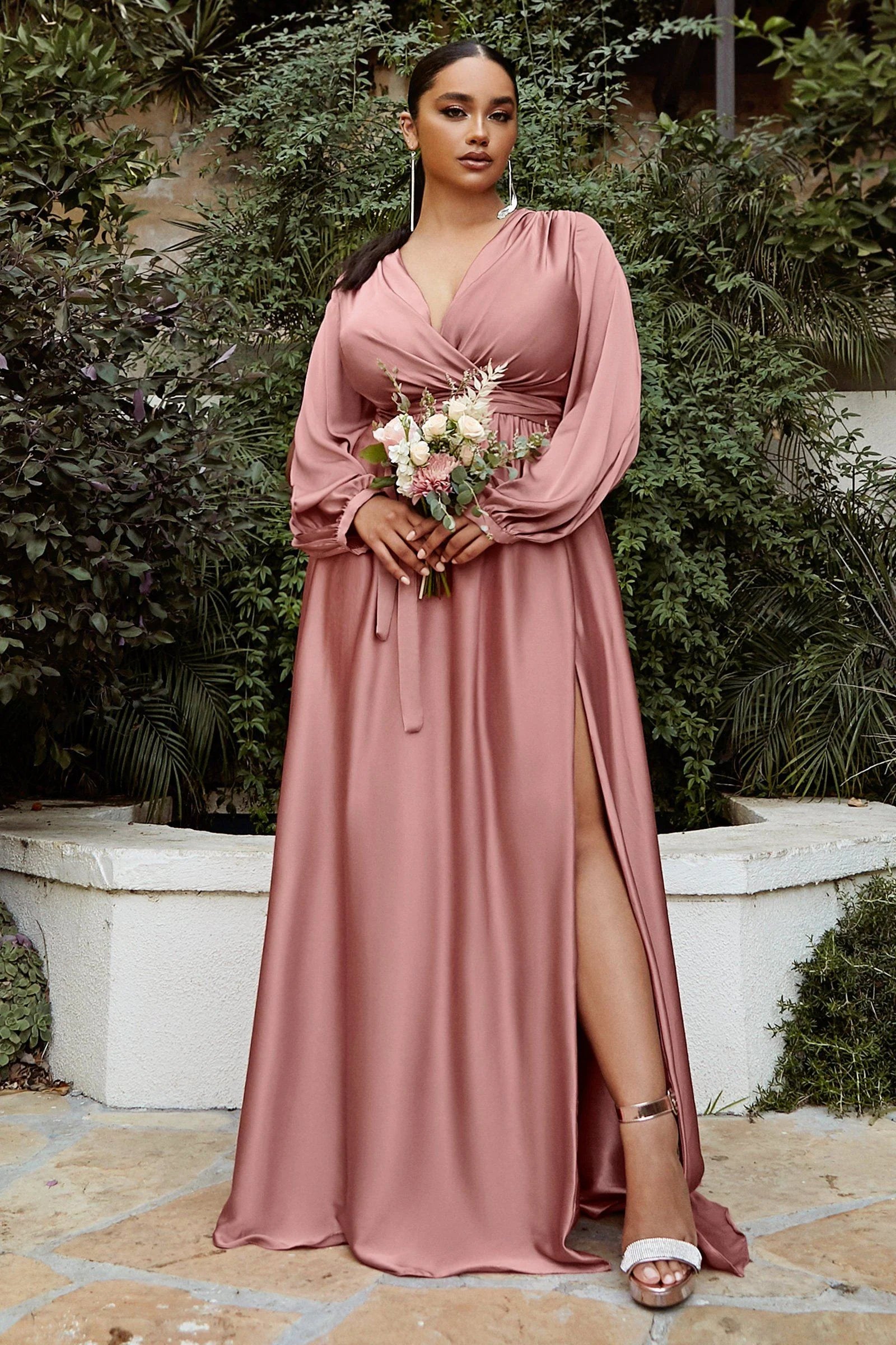 Elegant A-line V-neck Long Sleeve Satin Floor-length Slit Pleated Evening Dress