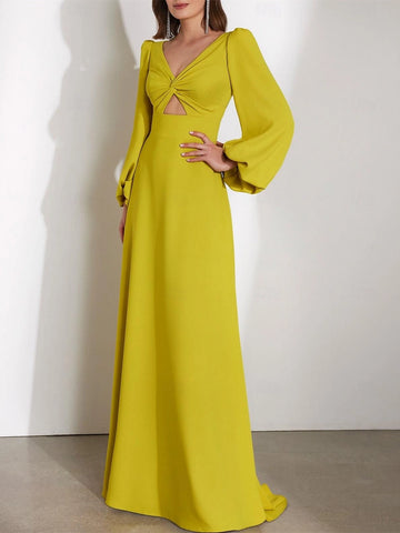 Vedress mustard yellow a‑line bridesmaid gown,v neck twist cutout,puff long sleeves,flowing floor train