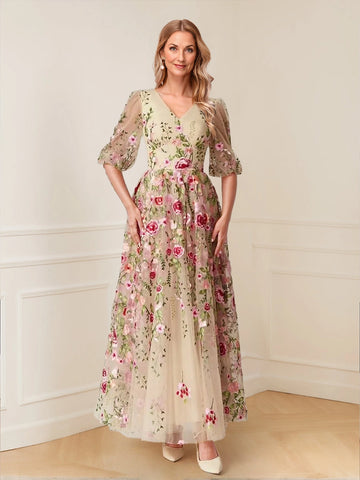Floral embroidery puff sleeve mother of the bride dress,champagne tulle long gown vedress