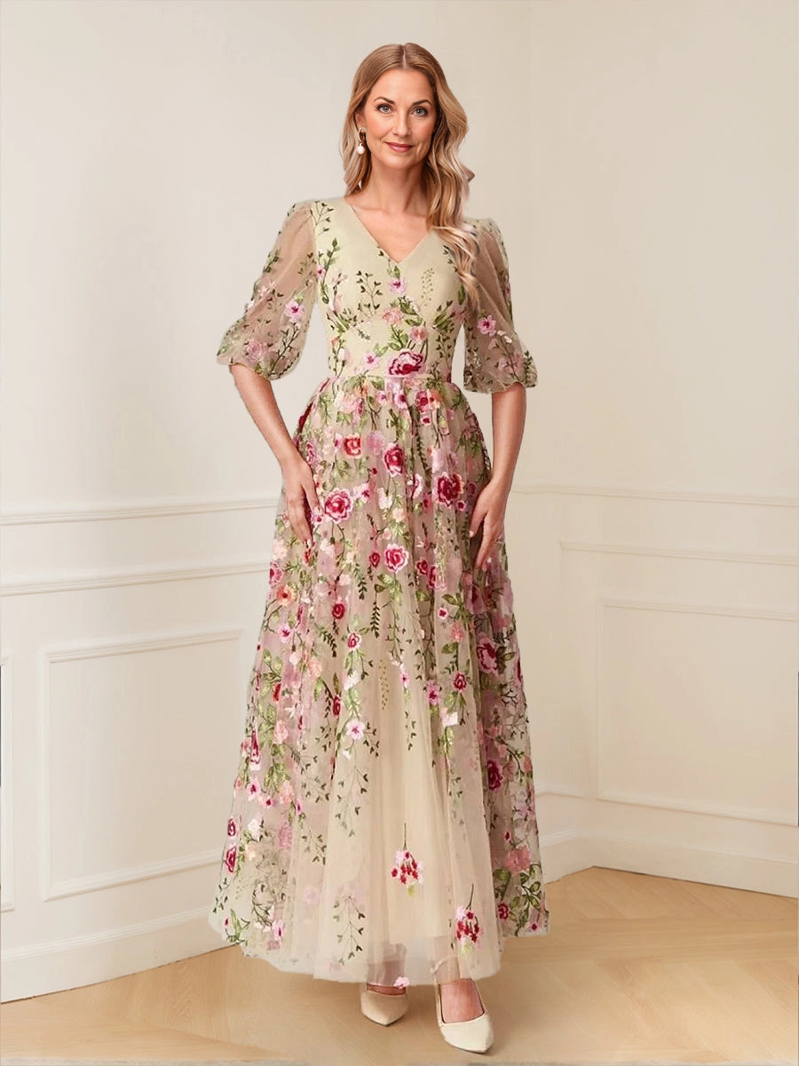Floral embroidery puff sleeve mother of the bride dress,champagne tulle long gown vedress