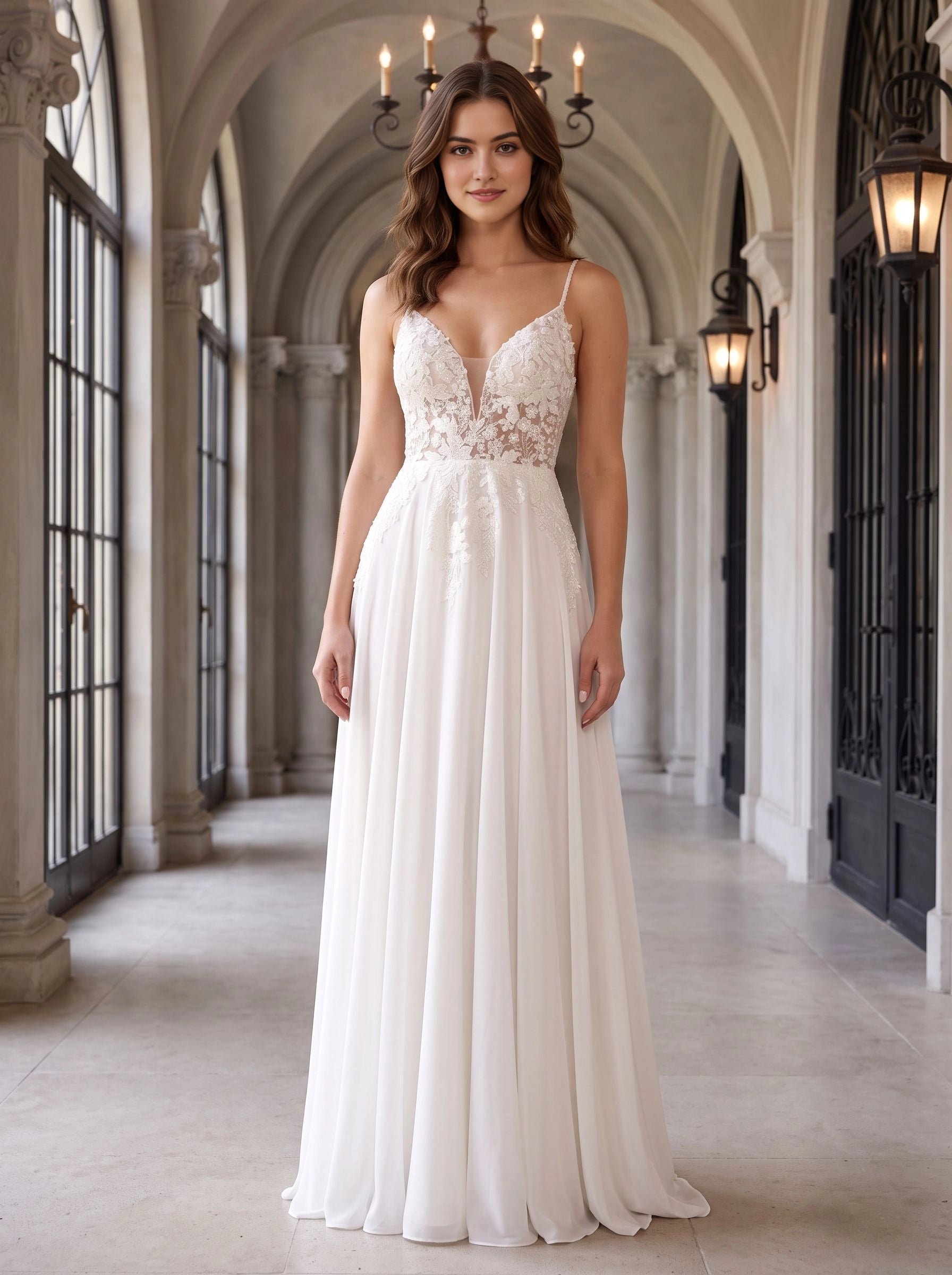 Vedress white chiffon wedding dress, spaghetti strap deep v‑neck, floral lace applique bridal gown