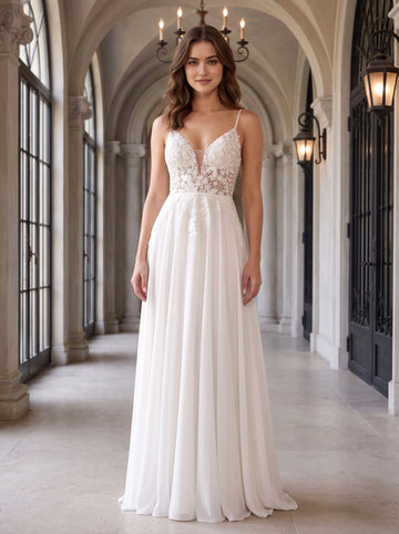 Vedress white chiffon wedding dress, spaghetti strap deep v‑neck, floral lace applique bridal gown