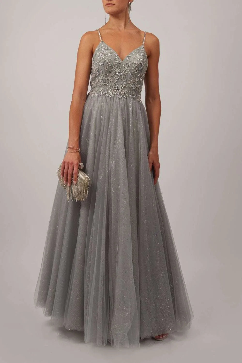 Elegant A-Line Tulle Embroidered V Neck Spaghetti Strap Open Back Floor Length Prom Gown