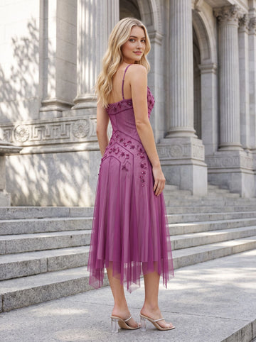 Back view of Vedress open‑back embroidered tulle bridesmaid gown, adjustable thin shoulder straps