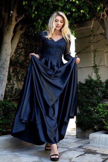 Elegant A-Line V-Neck Three-Quarter Sleeve Embroidered Lace Satin Mother of the Bride Dress Beaded Evening Gown