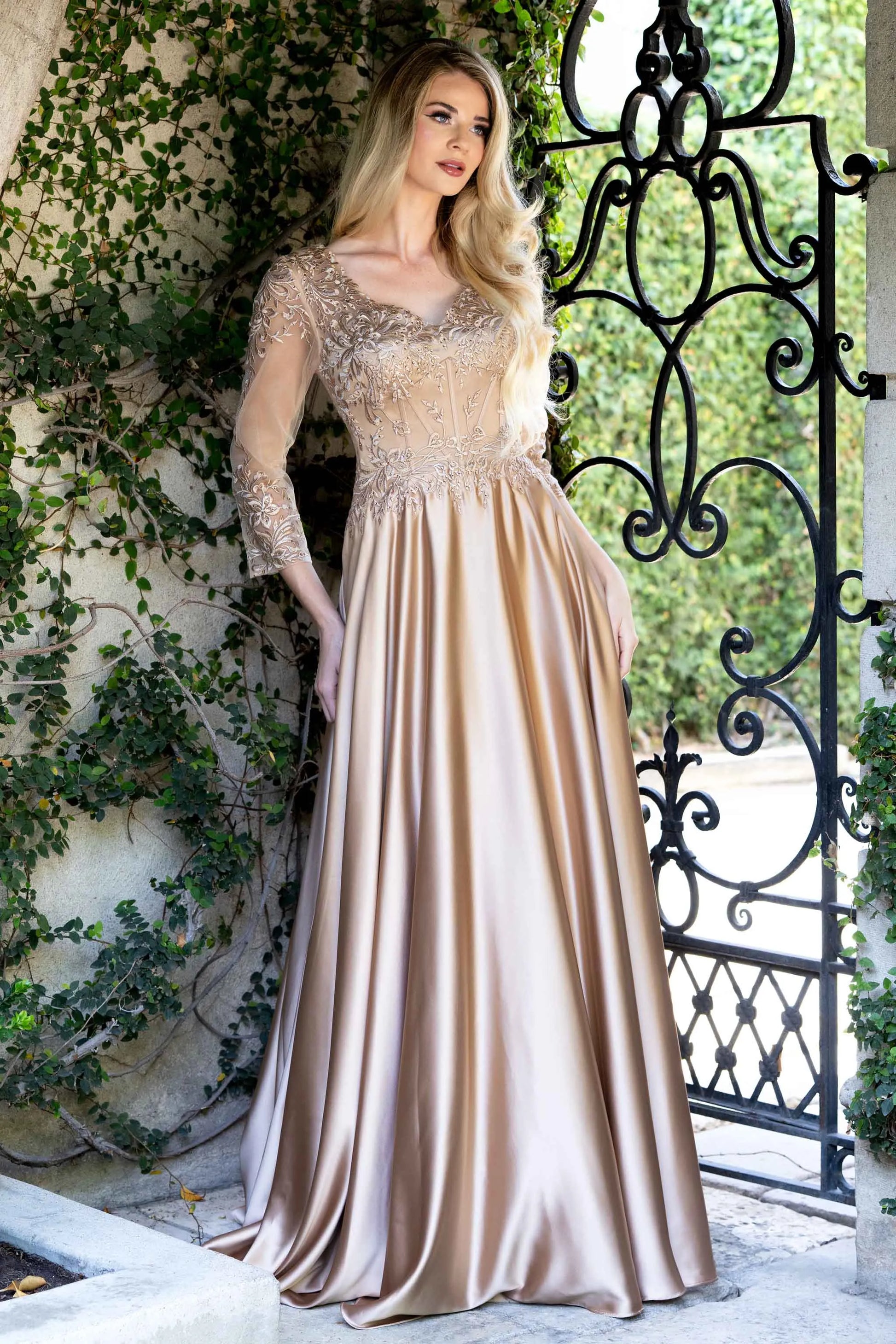 Elegant A-Line V-Neck Three-Quarter Sleeve Embroidered Lace Satin Mother of the Bride Dress Beaded Evening Gown