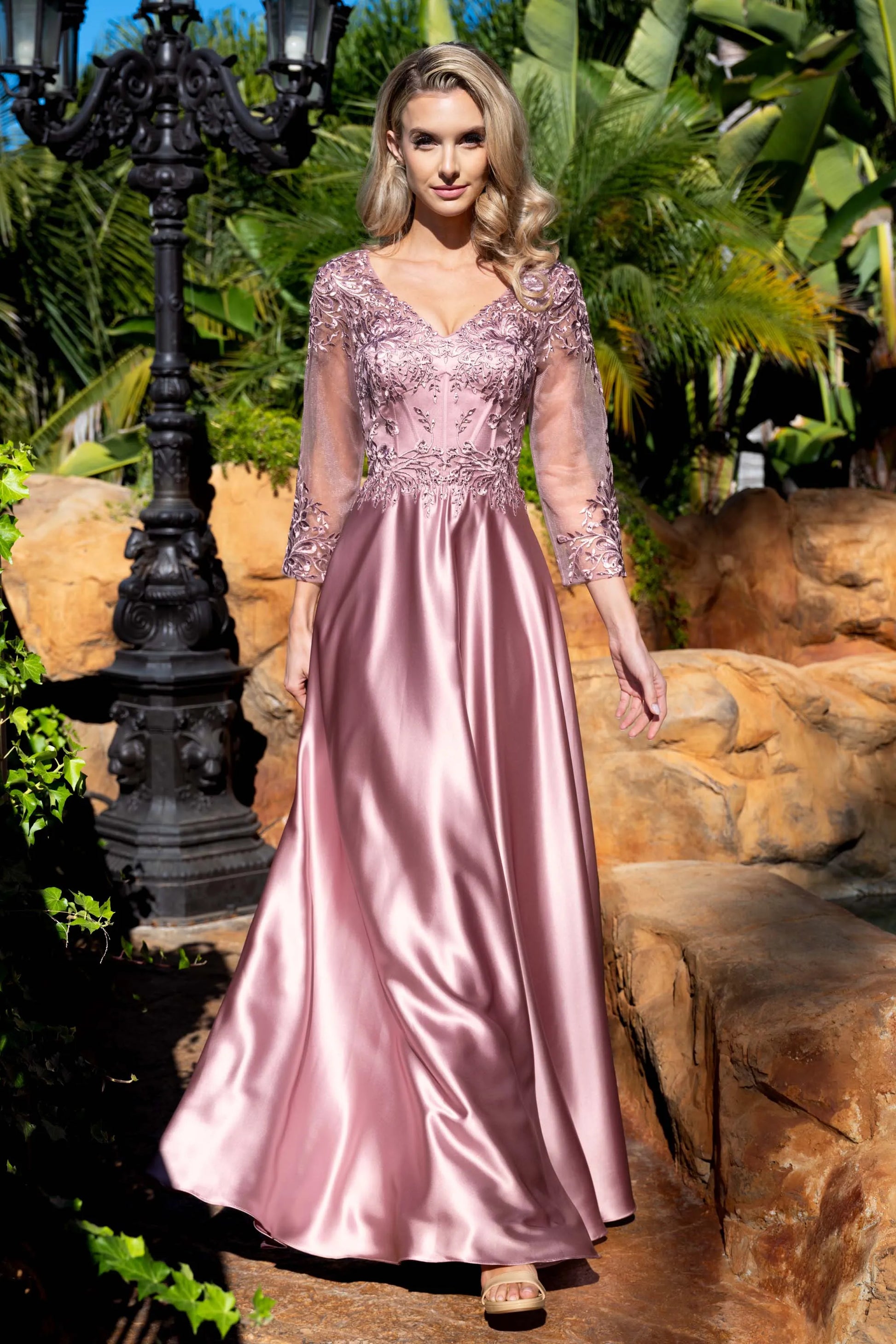 Elegant A-Line V-Neck Three-Quarter Sleeve Embroidered Lace Satin Mother of the Bride Dress Beaded Evening Gown